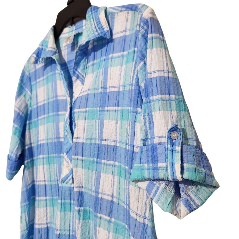 Rebeca Malone Top Size Medium Blue Plaid Front Buttons Short Sleeve - Picture 4 of 10